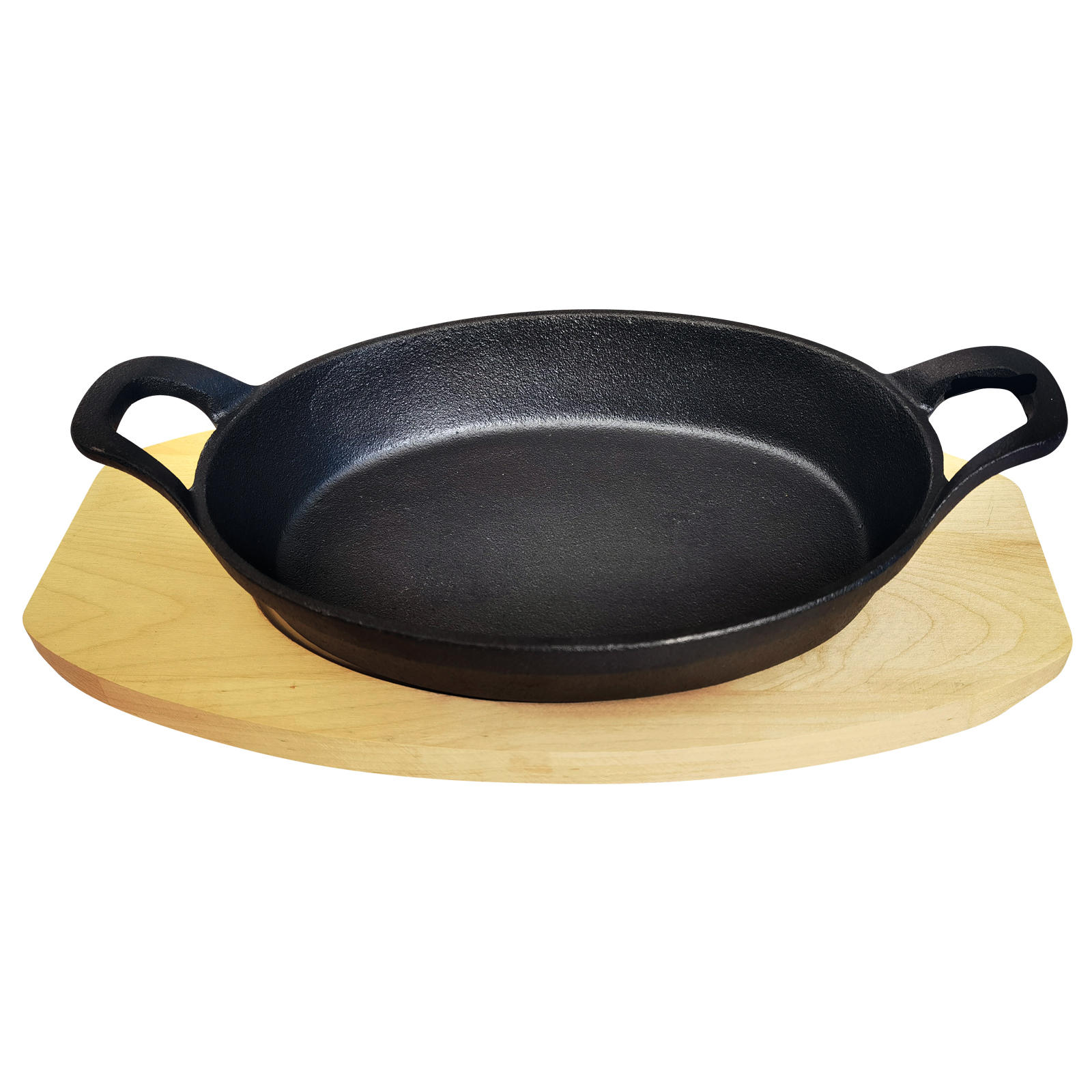 Сковорода порц. овальная 23*16,5 см. h=4,5 см. 1,0 л. чугун. с 2 ручками на дерев. подставке /1/