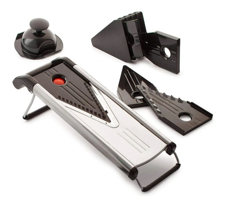 Мандолина (овощерезка) 42*13 см. с 5-ю насадками и толкателем, нерж. и пластик MGsteel /1/ Мандолина (овощерезка) 42*13 см. с 5-ю насадками и толкателем, нерж. и пластик MGsteel /1/