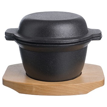 Горшок для запекания и подачи 300 мл. d=115 мм. h=65 мм. с крышкой, чугун. на дерев. подставке/1/