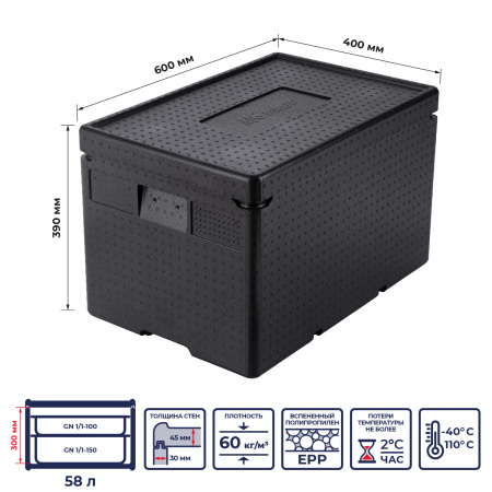 Термоконтейнер 58 л. 600*400*390 мм. для гастроем. h=200 мм. (-40°C до +110°C), плотность 60кг/м3, п/п MGprof /1/2/ АКЦИЯ