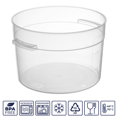 Контейнер для продуктов круглый 11,4 л. d=31 см. h=21 см., с мерной шкалой, прозрачный, п/п, без крышки (крышка 76740, 76739, 76738, 76741) GP /1/6/