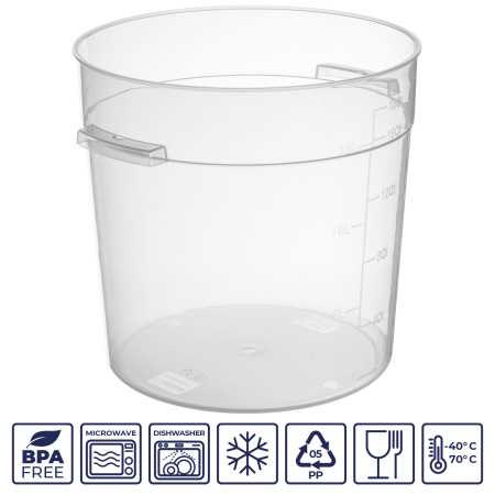 Контейнер для продуктов круглый 17 л. d=30 см. h=30 см., с мерной шкалой, прозрачный, п/п, без крышки (крышка 76740, 76739, 76738, 76741) GP /1/6/ ТП
