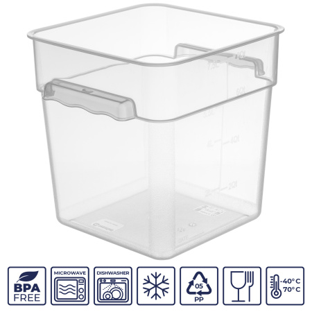 Контейнер для продуктов квадратный 7,6 л. 22*22*23 см. с мерной шкалой, прозрачный, п/п, без крышки (крышка 76712, 76711, 76712, 76713) GP /1/12/